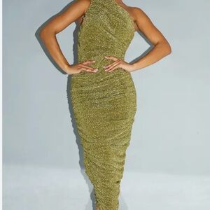 PrettyLittleThing Gold One Shoulder Dress